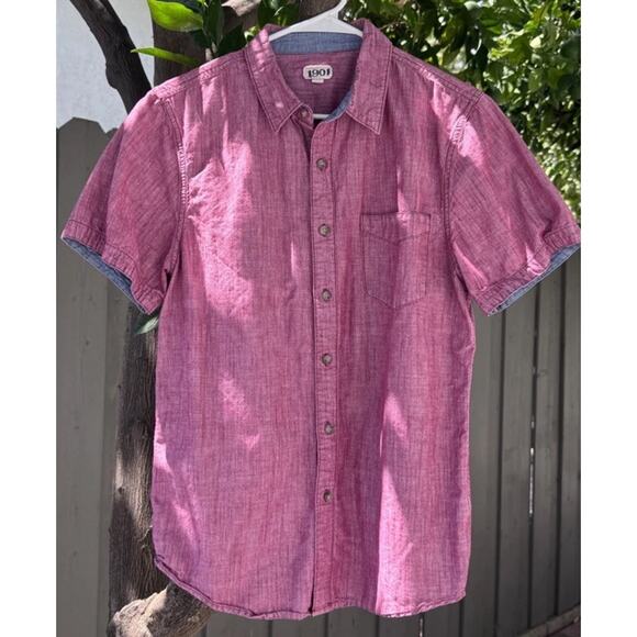 1901 Men’s Red Chambray Short Sleeve Button-Up Shirt Sz L - Picture 1 of 4
